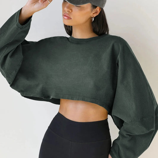 Women Sports Crop Loose Tops Long Sleeve